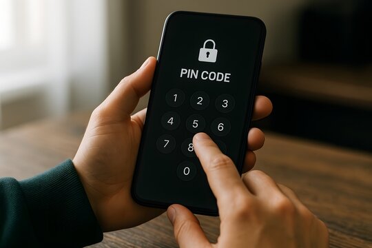 Close-up of human hands carefully entering a secure pin code on a smartphone screen, ensuring robust data protection and privacy.