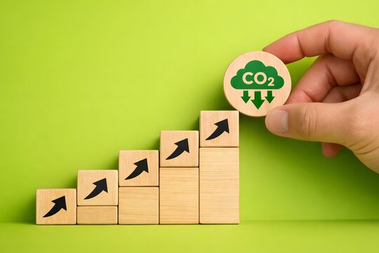Hand holding a wooden coin with a co2 reduction icon above rising bar graph blocks, symbolizing environmental progress towards sustainability goals.