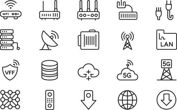 network and internet technology icon collection, minimalist router, server, cloud computing, and connectivity symbols in clean line art design, technology and digital motif for logo branding IT illust