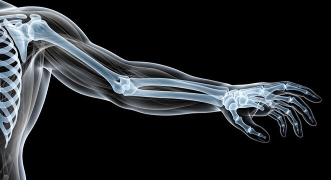 X ray image of a human arm and hand skeletal system