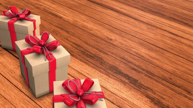 Gift boxes with Red ribbon sliding over Wooden background with copy space