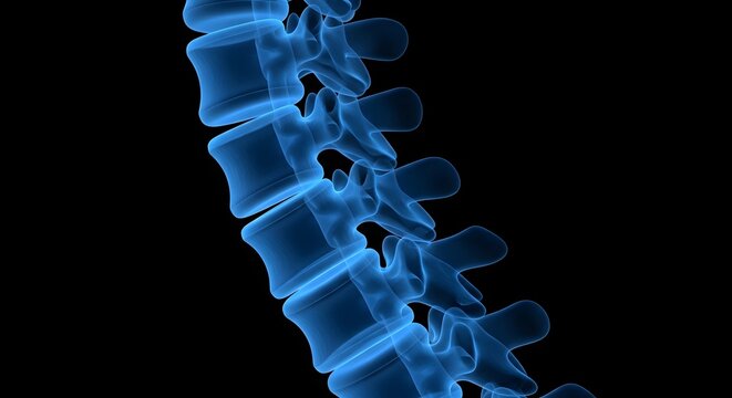 Glowing blue spine x ray image with vertebrae and discs