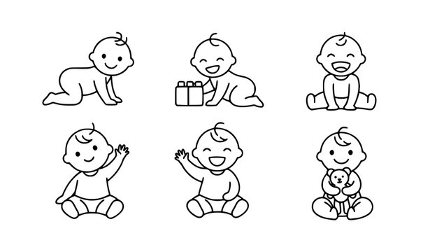 Happy baby line art icons vector &ndash; cute minimalist 2D illustrations isolated on white