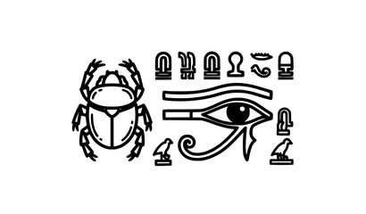 Fototapeta premium Ancient Egyptian symbols vector illustration with scarab beetle, Eye of Horus, and hieroglyphs isolated on white