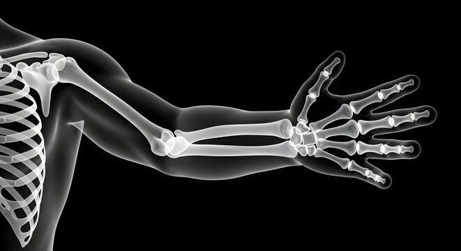 X ray image of a human arm and hand skeletal system