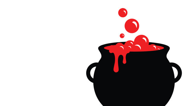 Halloween-themed black cauldron silhouette filled with a bubbling red liquid and rising red bubbles on a white background.