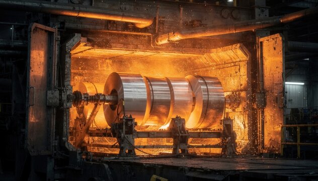 Medium shot of batch furnace processing aluminum sheet coils glowing intensely as heat softens metal surfaces during annealing for improved flexibility and stress relief.