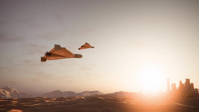 Military Kamikaze Drones Approaching Desert City at Sunset &ndash; Concept of Modern Conflict and Threat