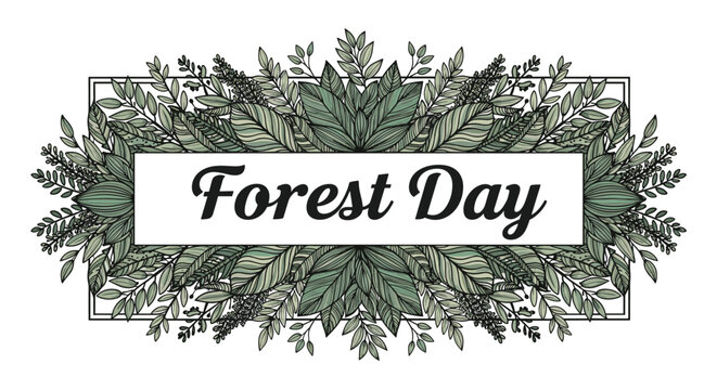 Decorative Forest Day banner featuring a dense frame of green leaves and branches with elegant script text in the center.