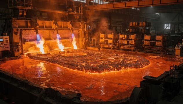 Medium shot of a gasfired anode furnace with bright flames refining molten copper showcasing oxidation and reduction processes before casting thick copper anodes.