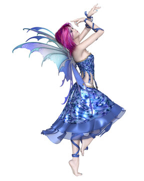 Dancing Fairy in a Blue Dress with Purple Hair, Looking Upward, 3d digitally rendered fantasy illustration