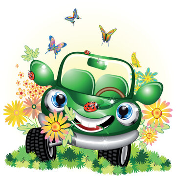 Cute and joyful eco-friendly ecological green car cartoon character looking very happy among flowers, butterflies and ladybugs. Original vector illustration