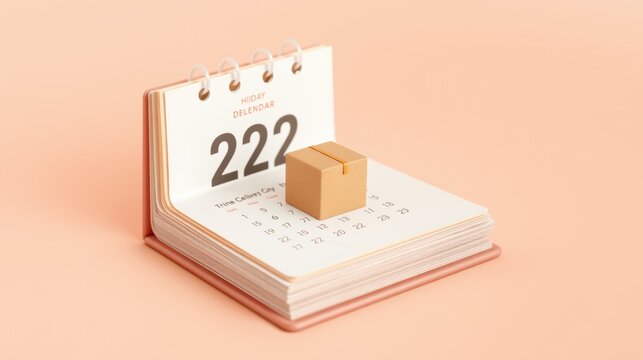 Minimalist calendar displays date 222 with small package resting upon it. Peach tones dominate composition, creating soft aesthetic.