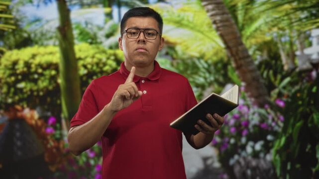 Young hispanic man wearing glasses points index finger while holding an open book in a green park with palm trees and shrubs; quiet concentration.