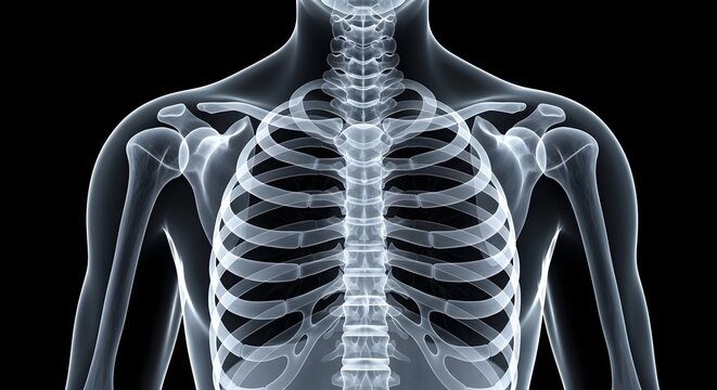 Human skeleton x ray image of torso and upper limbs