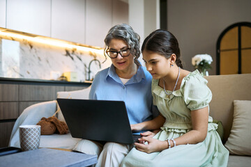 Middle aged woman and teenage girl using laptop together, reviewing online lesson or family finances at home. Suitable for education, digital literacy, parenting, remote support marketing