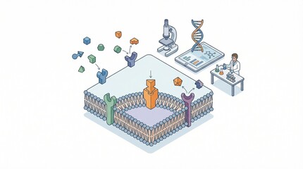 Naklejka premium Isometric biotechnology laboratory illustration, cell membrane receptor research and DNA analysis, scientific medical study with microscope and scientist