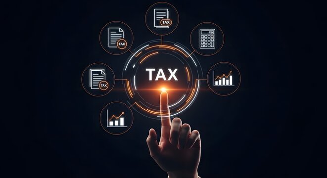 Taxation concept with a glowing hand interacting with digital elements