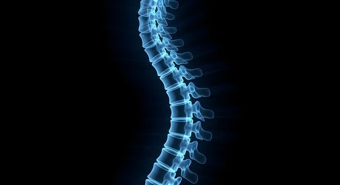 Glowing blue spine x ray image with vertebrae and discs