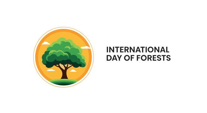 International Day of Forests emblem features a lush green tree inside an orange circle with clouds against a white background.