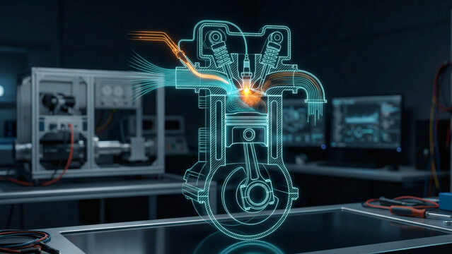 Glowing holographic wireframe schematic of a piston engine with ignition spark floating on a lab table