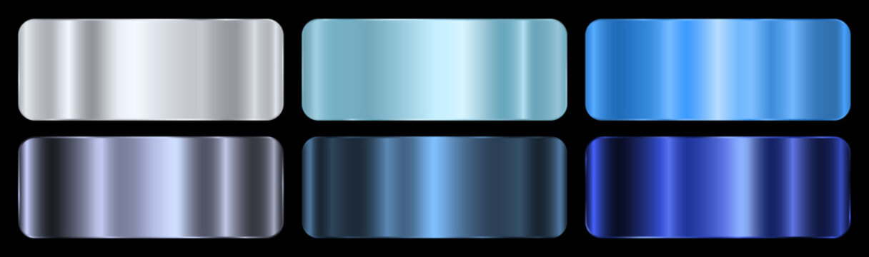 A set of blue and silver gradients on a black background. Metallic gradient effects for text and infographic design. Vector illustration.