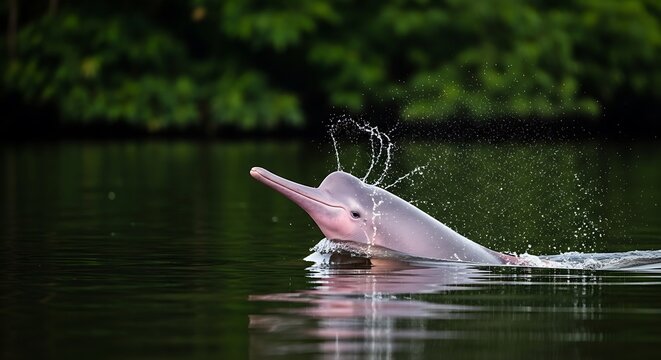 Pink river dolphin leaps from water, showcasing its graceful form, with forested background