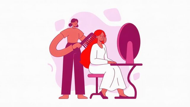 Hairstylist Combing Womans Long Red Hair Animation.