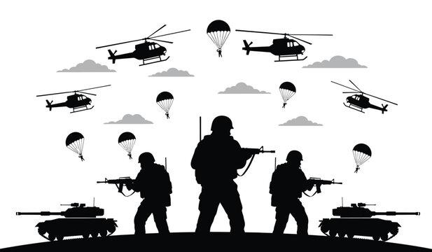 Military silhouette scene with soldiers helicopters tanks and parachutes in a combat zone