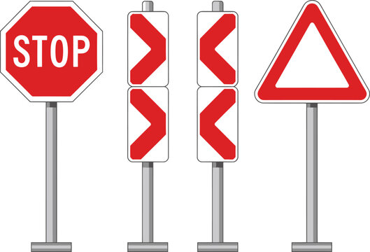 Collection of traffic signs: stop sign, warning signs, and directional arrows on white background, road signs