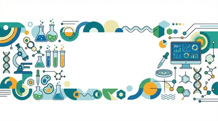 Fototapeta premium Scientific laboratory research banner, flat vector illustration of chemistry equipment and data analysis, medical science technology background