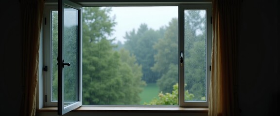 Fototapeta premium Open window with falling rain visible outside, fresh cool air and natural soundscape for better sleep