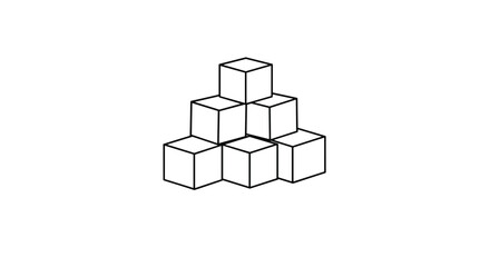 Obraz premium Seven three dimensional cubes stacked in a pyramid shape shown as a black and white line art isometric illustration.