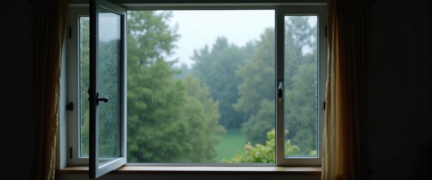 Open window with falling rain visible outside, fresh cool air and natural soundscape for better sleep