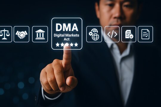 Professional points to a glowing holographic display featuring "dma digital markets act" with five stars, surrounded by various regulatory and legal icons.