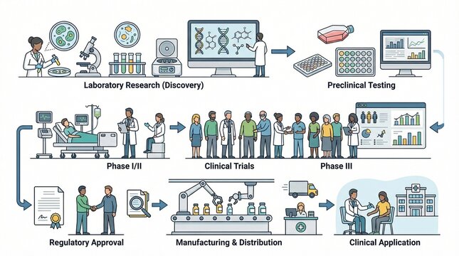 Pharmaceutical drug development process infographic, clinical trials and laboratory research stages, medical manufacturing and regulatory approval workflow