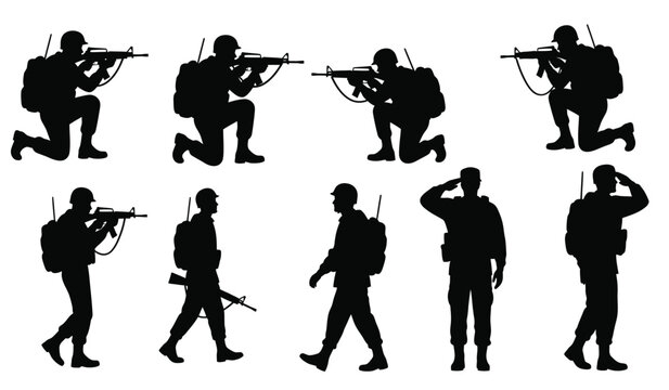 Silhouette of soldiers in various poses including kneeling and standing with guns saluting and walking with rifles silhouette