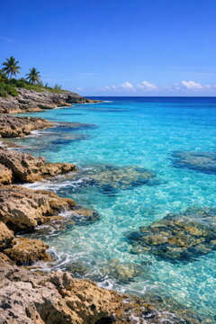 Clear Turquoise Water and Rocky Shoreline in Eleuthera, Bahamas