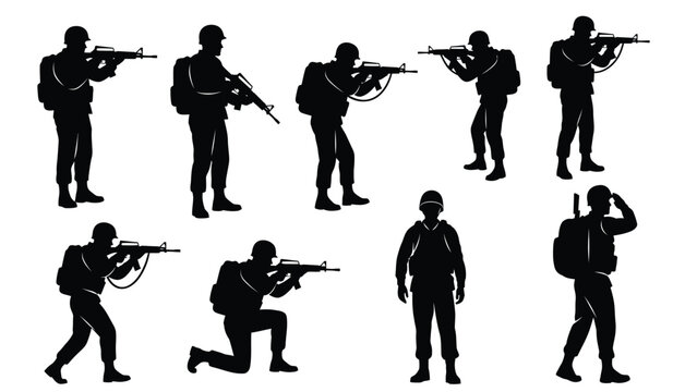Silhouette of soldiers in various combat positions with weapons and gear silhouette