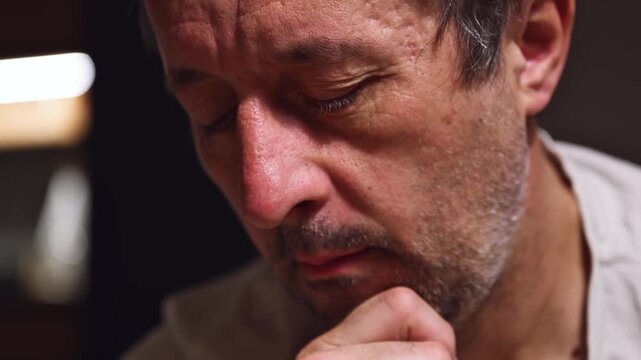 Restless adult man sitting in silence, leaning on hand, showing tired and uneasy facial expression in closeup portrait, procrastination concept. 4K