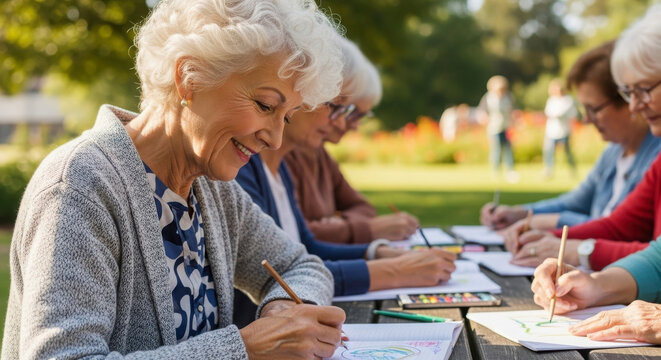 Senior women drawing in a park on a sunny day