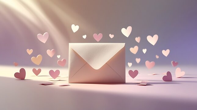 White Envelope with Floating Purple and Pink Hearts on Soft Lavender Background with Light Rays, Romantic Love Concept
