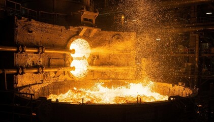 Medium shot of industrial furnace with airblowing tuyeres injecting oxygen refining molten matte into blister copper amidst glowing molten metal and rising sparks.