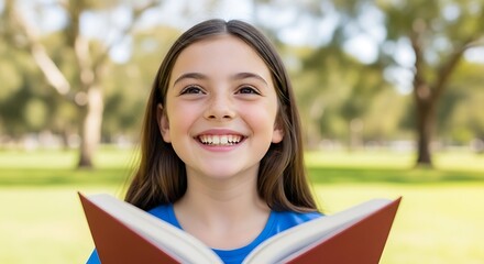 Fototapeta premium Smiling girl holds open book in park, looking upwards. Sunny day, soft focus background