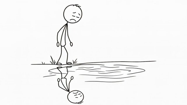 Sad and Depressed Stick Figure Man Sees Angry Reflection in Water.