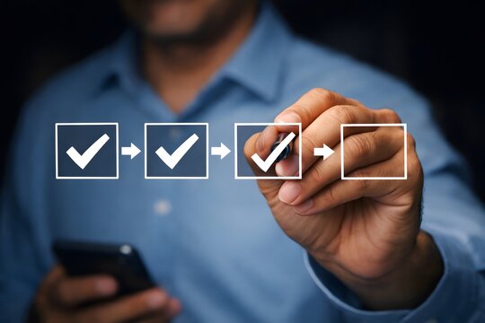 Person's hand uses a stylus to digitally complete a sequential checklist, with check marks signifying successful task execution and process achievement.