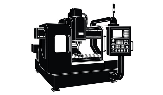 Silhouette of a cnc milling machine with control panel silhouette