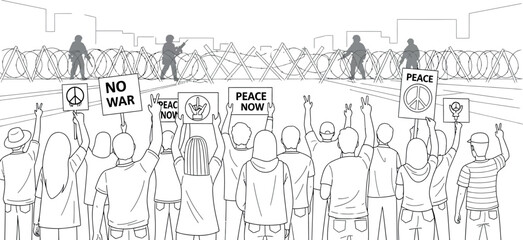 Obraz premium Group of peaceful protestors stand against a military blockade holding signs demanding no war and immediate peace now