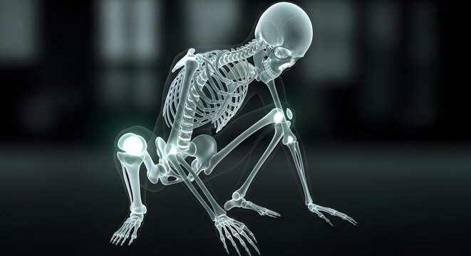 A glowing skeletal figure of a creature with a large head and long limbs in a dark environment