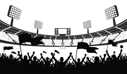 Silhouette of a lively sports stadium with cheering crowd and waving flags © lors of design